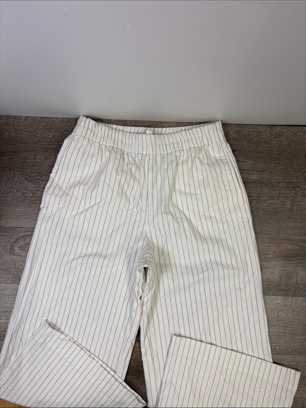 LOFT Striped Linen Blend Pull On Wide Leg Pants Cream Size Medium